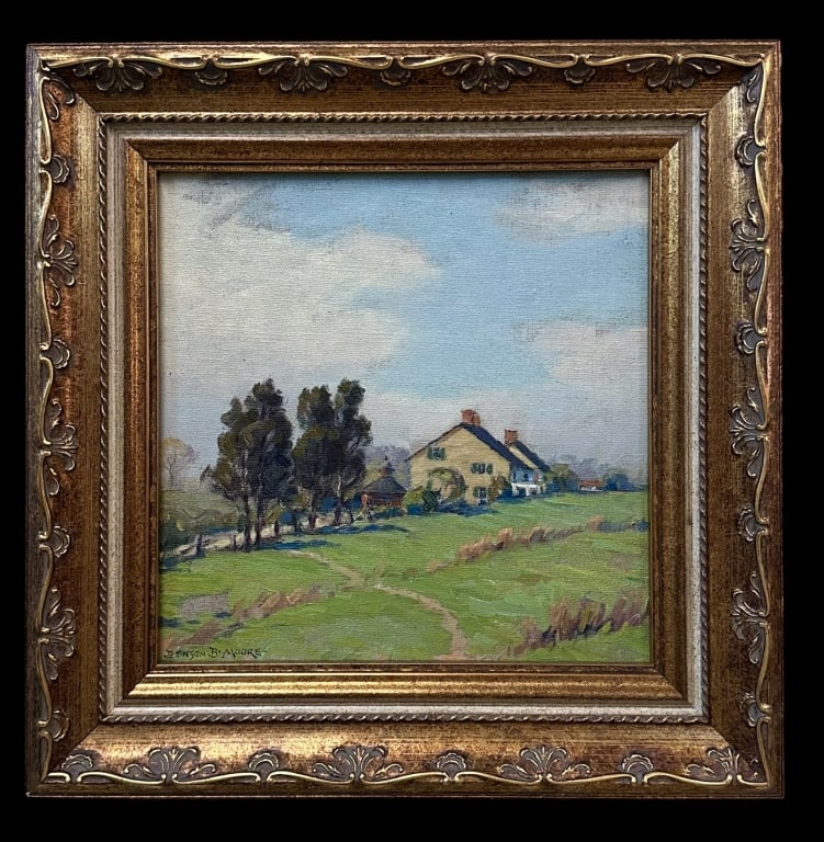 Pastoral Summer Landscape, Benson Bond Moore: American, 1882-1974..oil on board, signed lower left, sight 8 x 8 in., gilt composition frame..surface dirt, light wear to frame, not examined out of frame..DOA: 12H x 12W x 1.5D inches