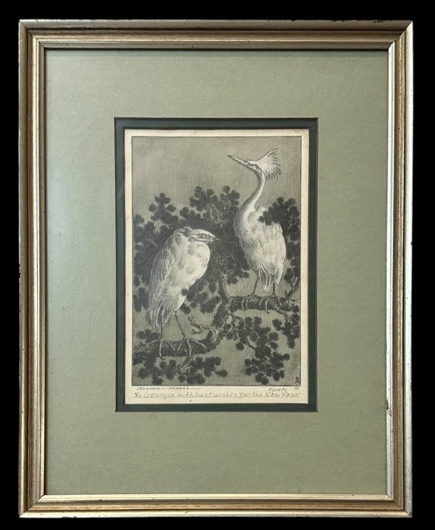 Egrets, Benson Bond Moore: American, 1882-1974..lithograph on paper after original etching, sight 9 x 6 in., with signature, title, and number along lower margin, also with inscription: To Georgia with best wishes for the New Y