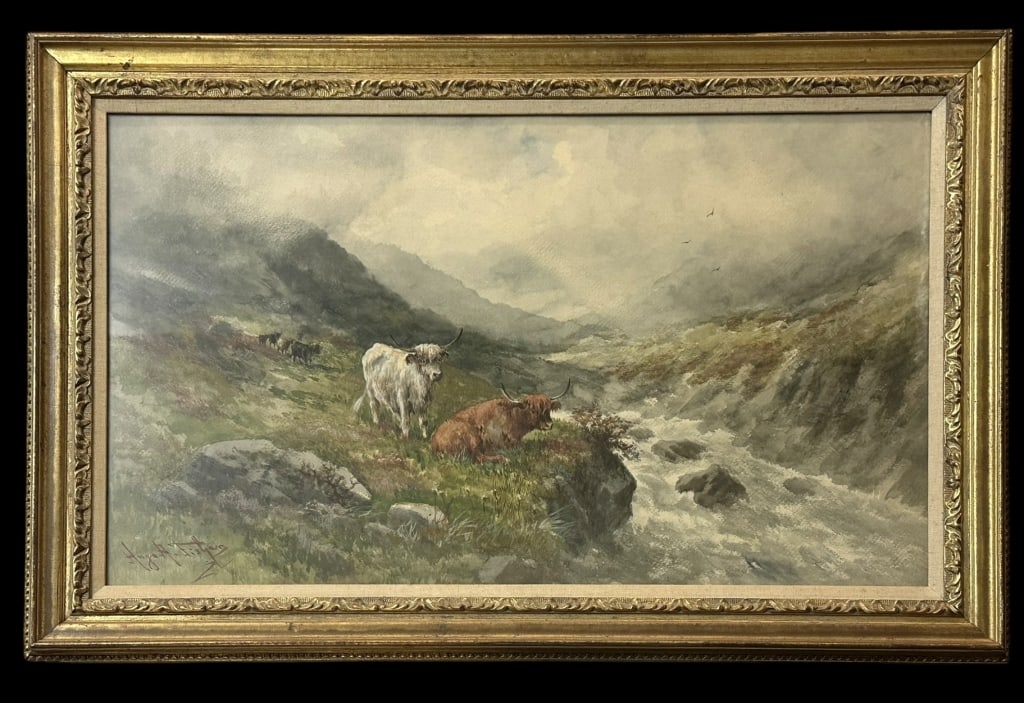 Highland Landscape with Cattle, Hugo Anton Fisher: Czech-American, 1854-1916..watercolor on paper, signed lower left, sight 17 x 29 in., glazed, linen liner and gilt wood frame..toning and light foxing, liner with discoloration, frame with age related