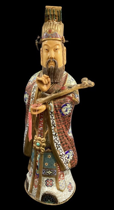 Chinese Cloisonne Figure of Immortal: Large 22 inch tall figure, brass and enamel, showing an immortal or Emporer Qin Shi Huang. His robes are colorful and he holds a scepter. Face and hands made from natural materials Line Item # 78