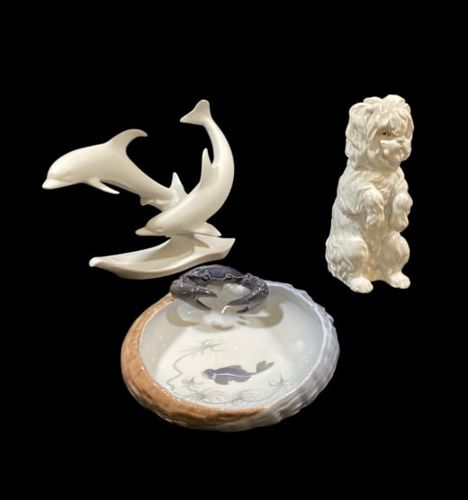Decorative Objects: Kaiser Bisque Dolphin sculpture, designed by Bochmann, Royal Copenhagen crab and fish table bowl, #2465. 9 inch begging puppy, by Heubach Germany Line Item # 70,64