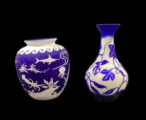 Peking Glass Vases: Layered cobalt blue with white sealife designs, 9 inches tall diameter tall bulbous vase. 10 inch bottle vase with cobalt layered leaf and vine