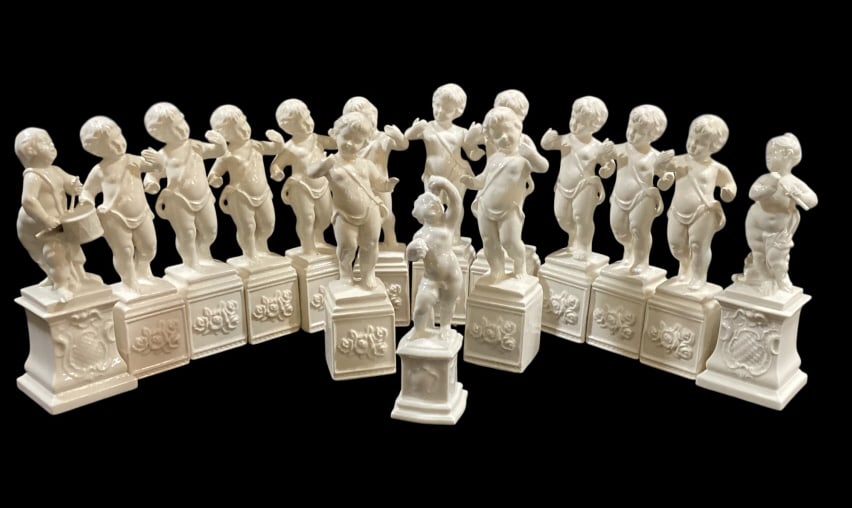 Porcelain Figurals: 15 Glazed Bisque Porcelain Figures, Puti forms, some as musicians, 12 are as set, with 3 other.