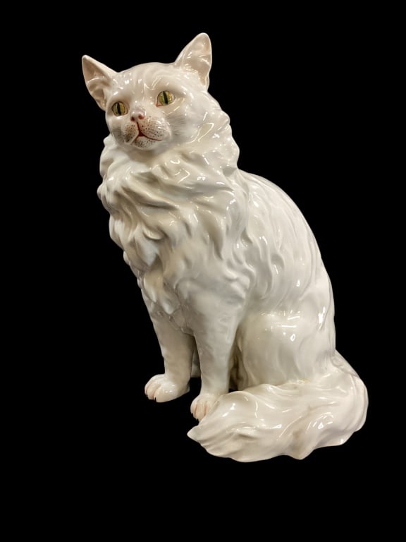 Dresden Figural Cat: 13 inch tall seated figure of a Persian cat. Hand painted face, attributed to Carl Thieme. Great detail features. Signed Dresden
