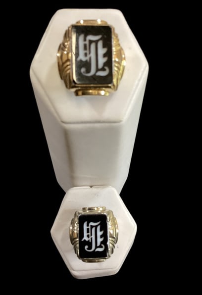 Two Gentlemans Signet Rings: 1- Stamped 14k With Wide Band, Onyx Stone With Initials. 2- Exact Same Design In Unmarked Silver.