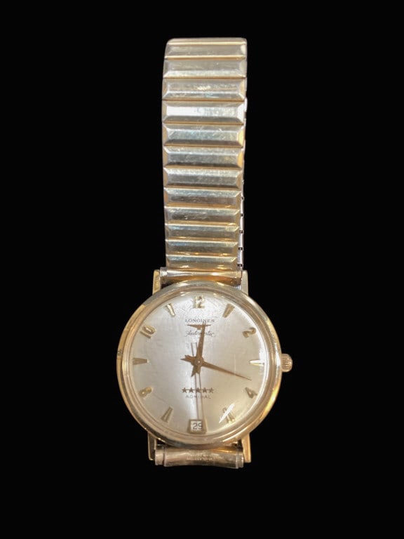 Longines Admiral 14k Gold Case Watch: Longines Admiral 5 Automatic wrist watch, Date Function. 14k Gold case, stamped. Flex wrist band