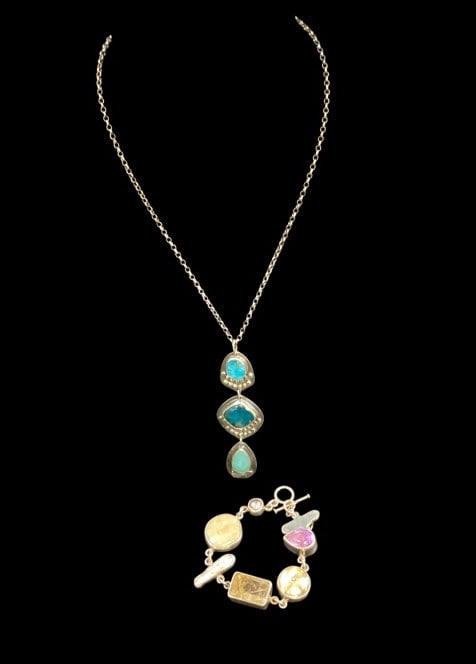 Sterling and Stone Jewelry: 7 inch Sterling bracelet , stamped The Dreamer, with pearl, quartz and stone on a toggle chain. Southwest style sterling chain with 3 turquoise stone drops, signed Lenita Patrilla.