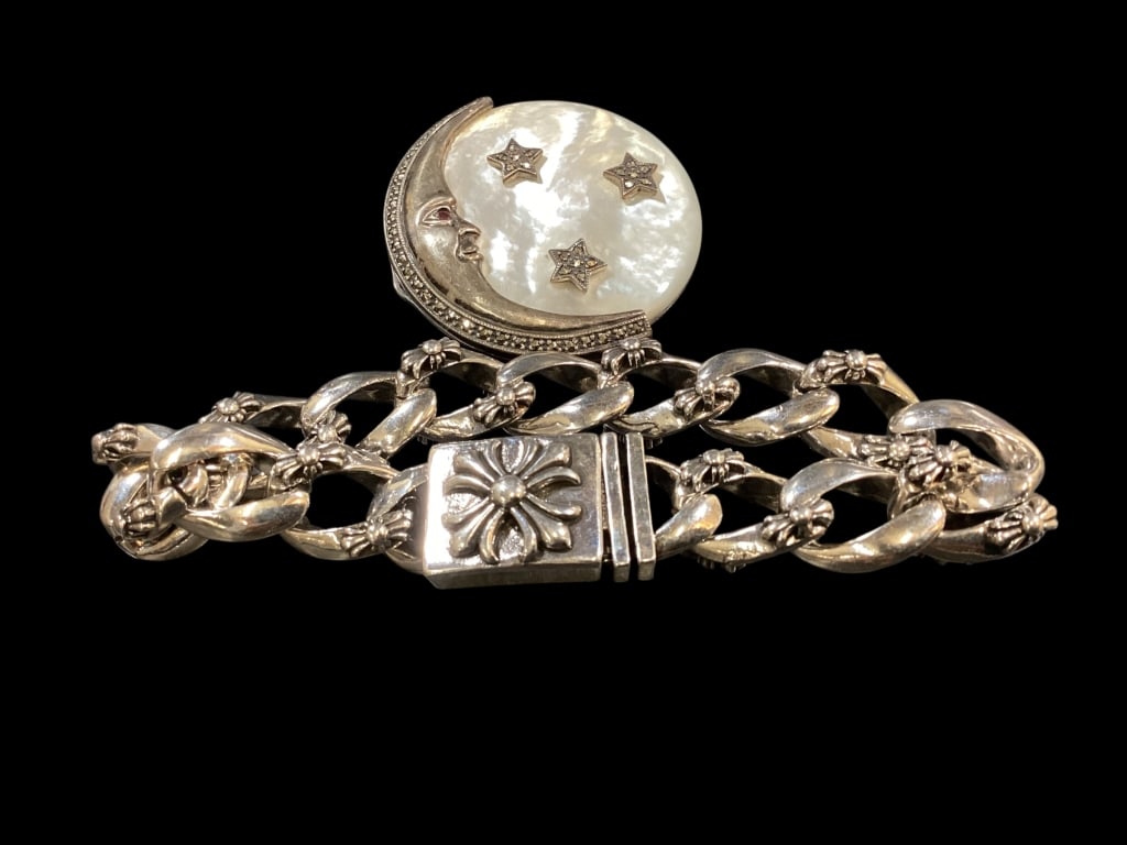 Jewelry Collection: Sterling and Mother of Pearl moon and stars brooch, sterling link Chromes Heart Cuban cross link bracelet.