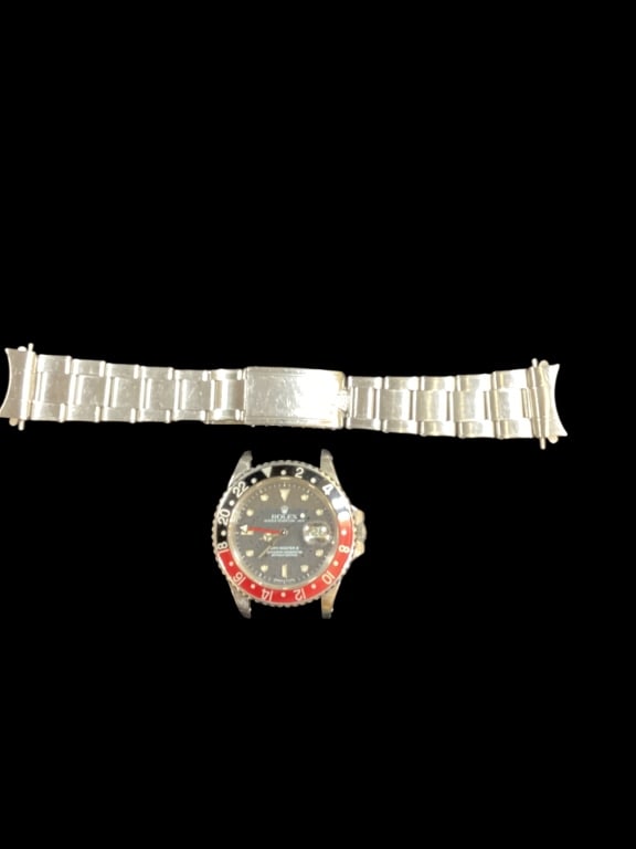 Rolex Master II Fantasy Frankenwatch: Created with assembled parts, of different models.. This GMT Master II with red and black Coke style bezel, often referred to as to as Fat Lady due to the thick case. Steel case, open viewing back. So