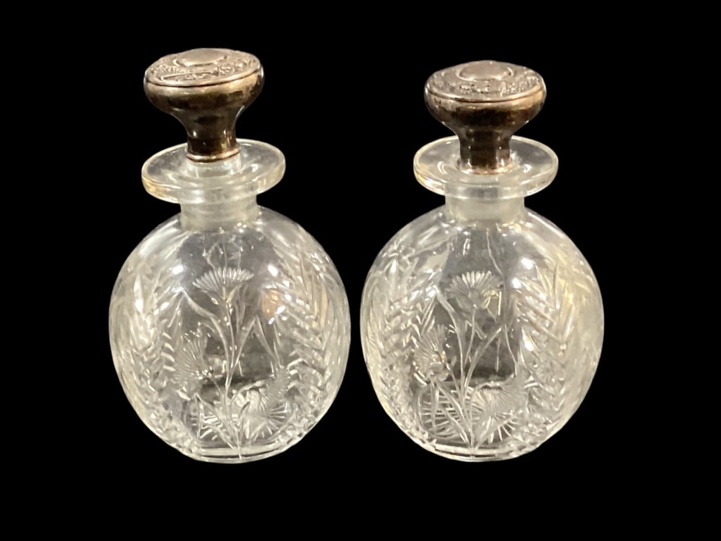 Pair Cut Crystal Scent Bottles, Sterling Tops (1 of 5)