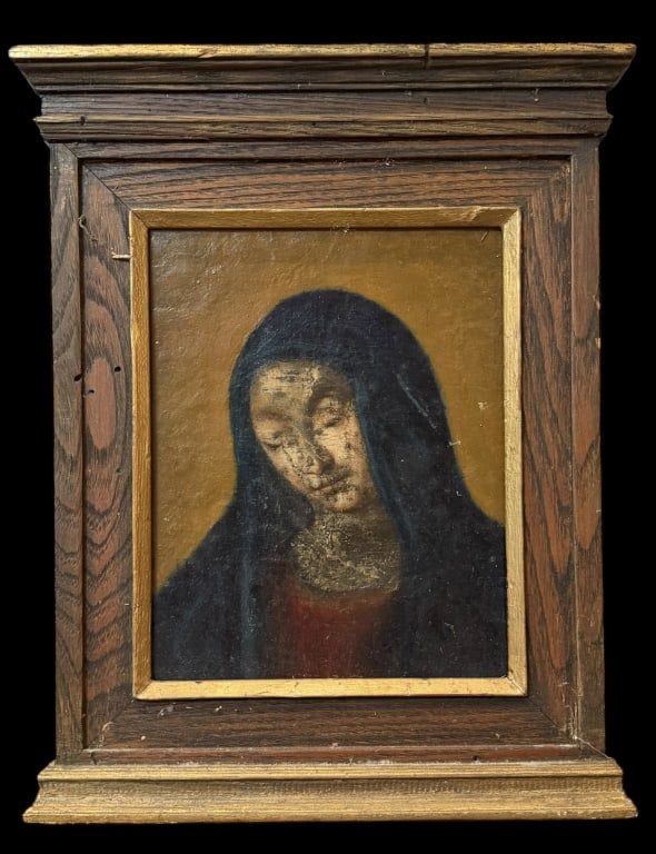 Antique Painting of The Mater Dolorosa: Late 18th/19th century, oil on canvas, laid over board, apparently unsigned, sight 9.5 x 7.5 in., parcel gilt frame..old varnish, surface grime, crackle, scattered abrasions, not examined out of frame