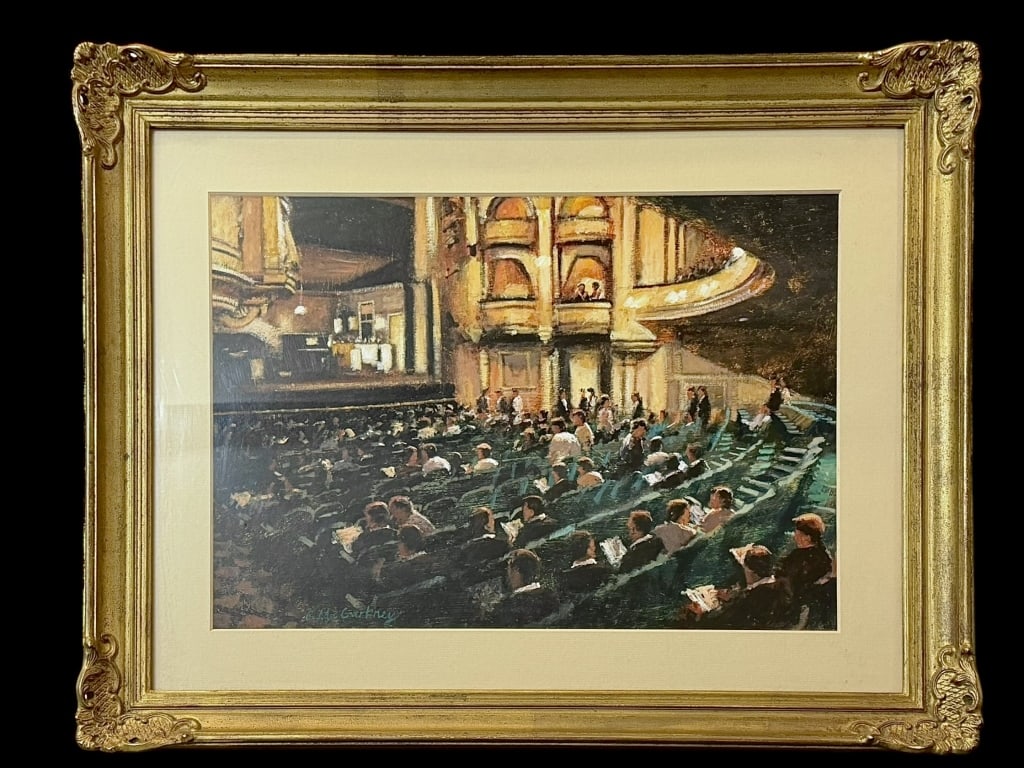 Interior Concert Hall Scene, C. McCartney: 20th century, oil on board, signed lower left, sight 16.5 x 22.5, matted and glazed in gilt wood frame..good estate condition overall, glass could use cleaning, not examined out of frame..DOA: 26H x 3