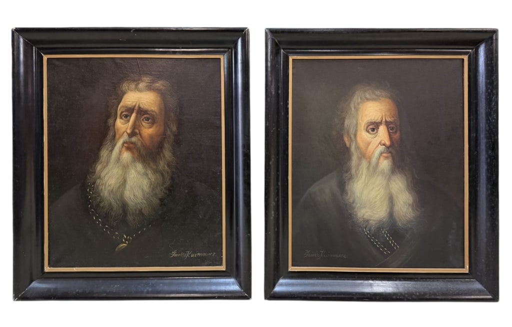 Pair of Judaica Portraits, Zjwicka Kuzmowicz: Polish, 20th century..oil on canvas, both are signed, sights 23.5 x 19.5 in., in matching parcel gilt and ebonized frames..surface dust, light abrasions, frames with wear and in need of cleaning, not