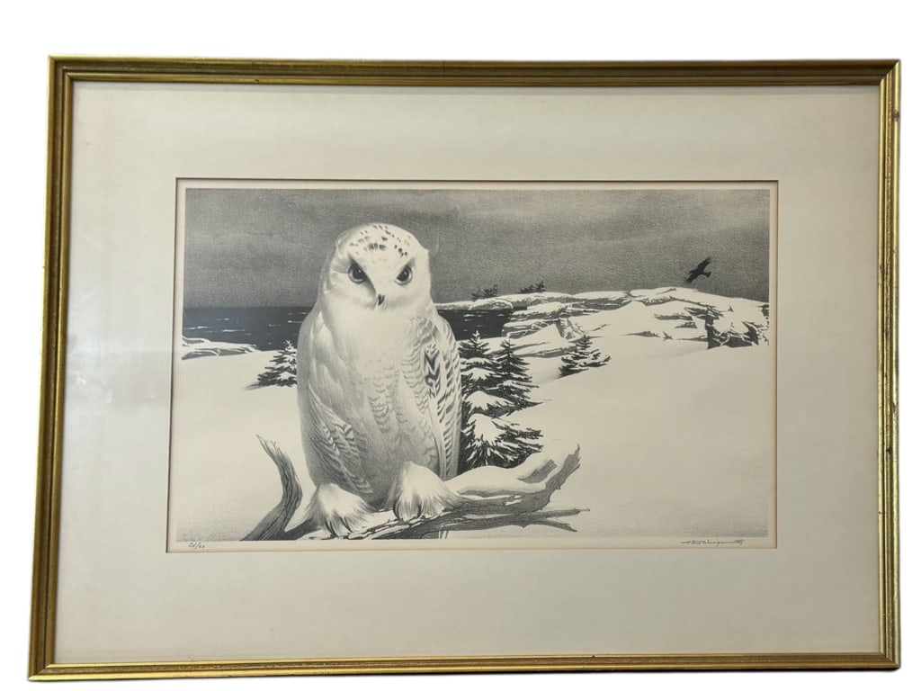Snowy Owl, Stow Wengenroth: American, 1906-1978..lithograph on paper, pencil signed lower right, Ed/60 lower left, sight 10.5 x 16.5 in., matted and glazed in gilt frame..toning and mat burn to paper, toning to mat, not examined