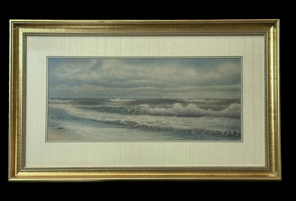 Framed George Howell Gay Seascape: American, 1858-1931..appears to be a period print heightened with watercolor and gouache accents, signed lower right, sight 11 x 25 in., double matted and glazed, gilt. Imposition frame..toning, light