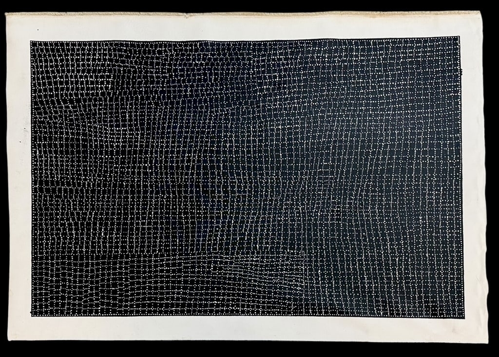 Bush Plum (Alkwe), Aileen Mbitjana: Utopian Station, b. 1940..acrylic on unstretched Belgian linen, signed and titled on verso, with COA..some overpaint, dis coloration to edges of canvas..canvas 27.5H x 38.5W inches