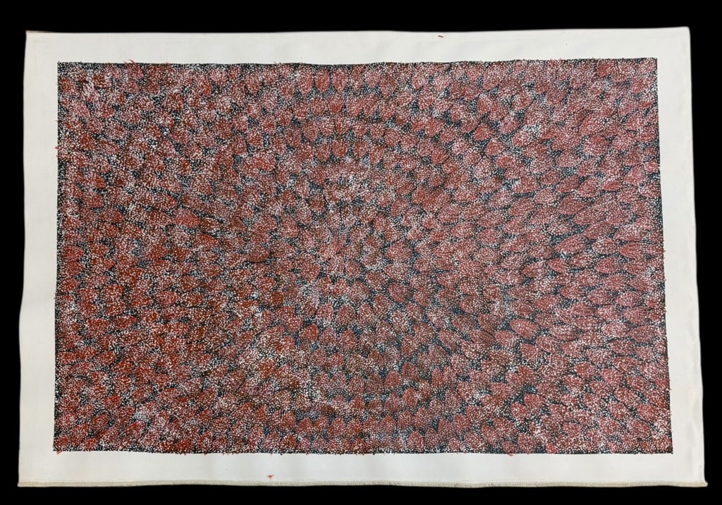 Bush Leaves, Annie Napangardi Nelson: Ti Tree Community, b. 1968..acrylic on unstretched Belgian Linen, signed and titled on verso, with COA..light creases to edges, rippling..canvas 27.5H x 37.5W inches