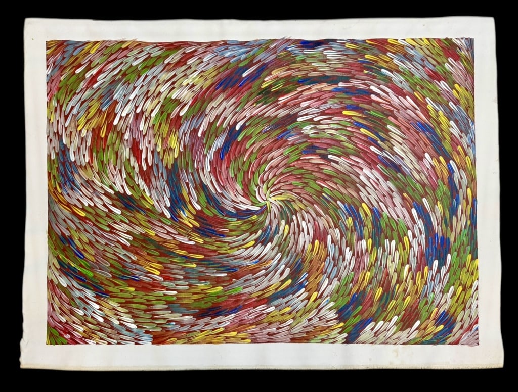 Medicine Leaves, Mary Rumble Petyarre: Utopia (Eastern desert), b. 1957..acrylic on u stretched Belgian linen, inscribed on verso, with COA..light creasing and discoloration at edges, stored hanging..canvas 29H x 38W inches