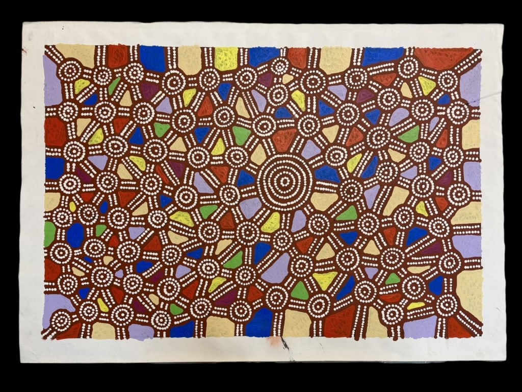 Blue Tongue Lizard, Debra Nangala Mcdonald: Pupunya Camp, b. 1969..acrylic on unstretched Belgian linen, inscribed and titled on verso, with COA..creasing to edges, stored hanging..canvas 27H x 38W inches