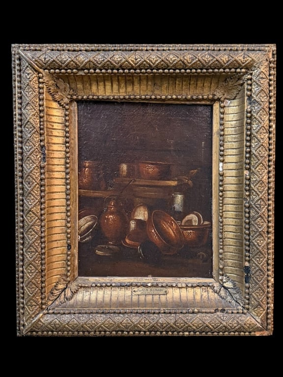 Still Life with Copper Pots and Pans, Dutch School: Oil on canvas, laid over cradled panel, apparently ubsigned, sight 10 x 7.5 in, frame plaque attributes work 16th century but likely later, gilt wood and gesso frame..surface dirt and grime, old varni