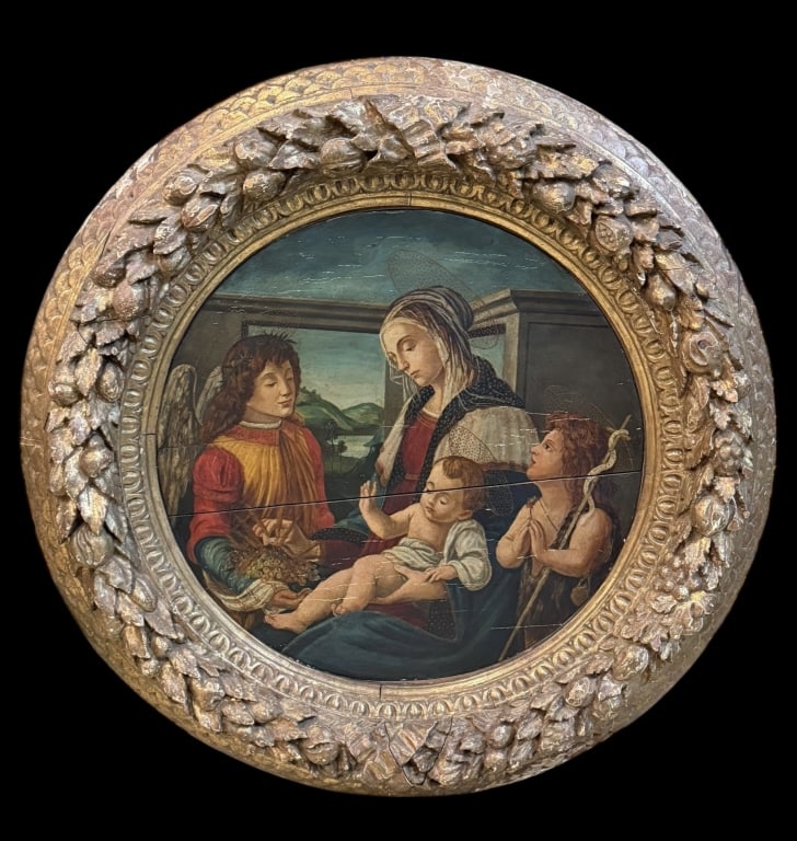 Madonna and Child with Young John the Baptist: 19th century, oil on panel, similar in style to Madonna of the Magnificat by Sandro Botticelli, carved gilt wood frame..age related wear to paint surface, cracks to panel, surface dirt, age related we