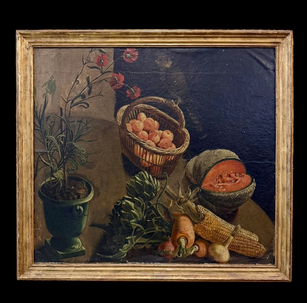 Still Life with Fruit, Vegetables and Bird of Prey: 19th century, oil on canvas mounted on panel, apparently unsigned, sight 25.5 x 28.5 in., gilt wood frame..damage and loss to original canvas, creases and bubbling, surface grime, paint loss, not exam