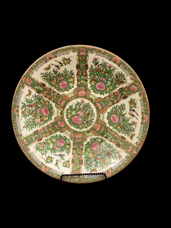 Large Famille Porcelain Charger: 16 inch Famille Rose chargers, six panel surround with birds, butterfly designs. Gilt trim