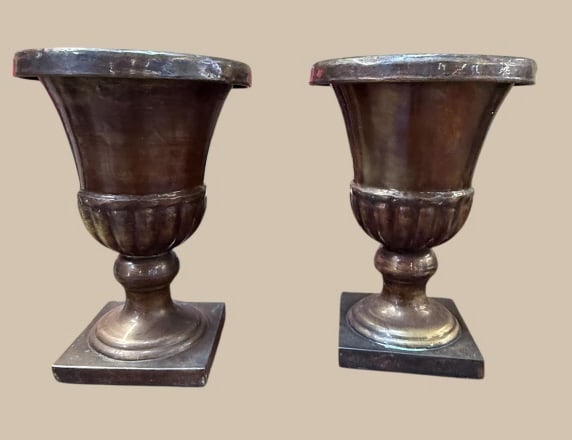 Pair Vintage Metal Table Urns: Copper patina, traditional form, great size, 22 tall x15 diameter