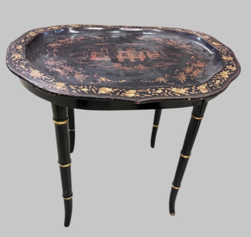 Black Lacquer Tray Table W Chinoiserie Decoration (1 of 4)