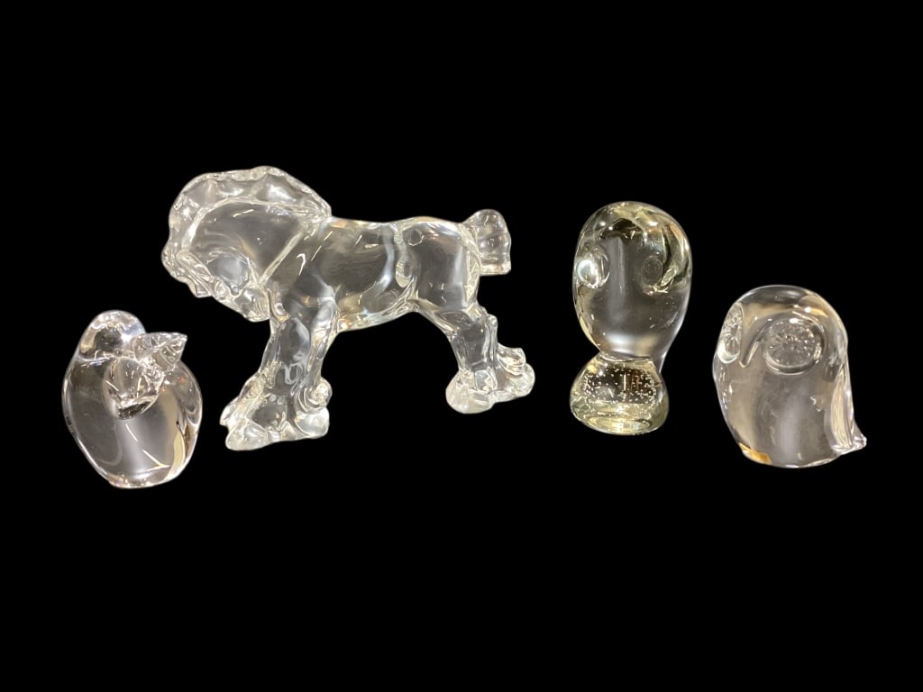 Crystal Animals: Steuben Clydesdale Horse, 9 inches, Steuben perched owl, Hadeland crystal owl, Kosta Boda Penquin Line Item # 35