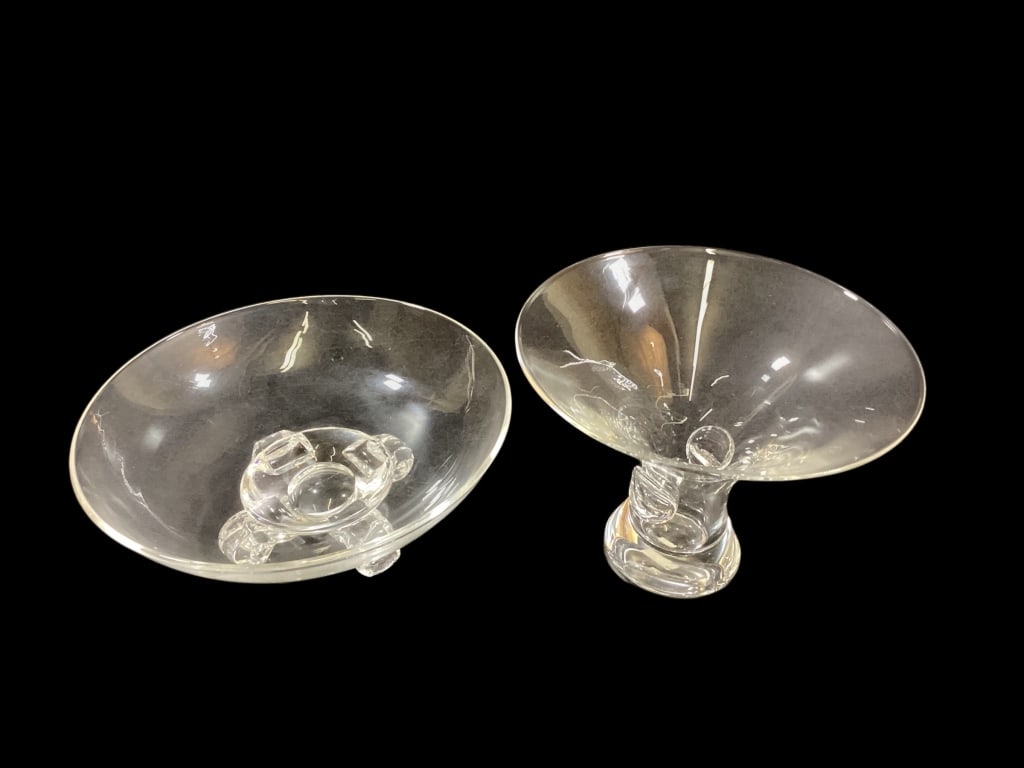 Two Steuben Crystal Bowls: Floret 8 inch low bowl, footed, designed by Donald Pollard. Steuben Bouquet 6.5 inch pedestal bowl. Line Item # 61