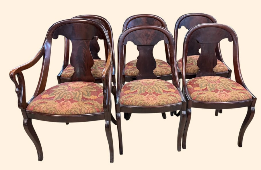 Set of 6 Flame Mahogany Dining Chairs: Late 19th C, Fiddle backs, saber legs, floral upholstery, 5 sides, 1 open armchair, saber legs, strudy,