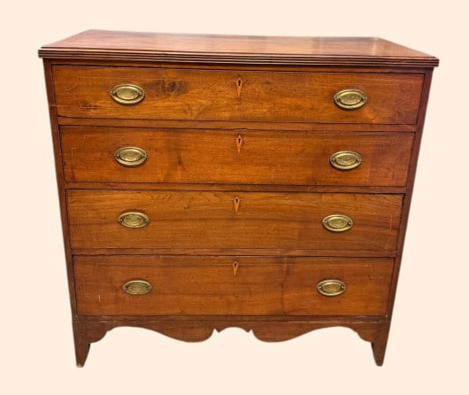Inlaid NC Federal Walnut Chest: Mid 19th C, North Carolina, heart pine secondary, string inlay and escutcheons, wonderfully scalloped skirt, hand dovetailed drawers, solid ends, oval brasses, 40.5 tall 41 wide 20 deep