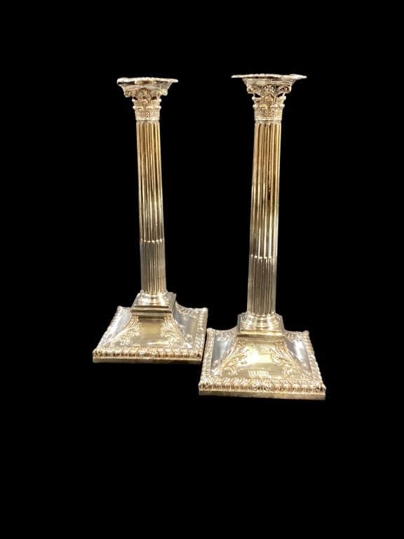 Pair Silver on Copper Candlesticks: 12 inch tall plated Corinthian Candlesticks with Acanthus leaf capitals. Stepped square Base Line Item # 42