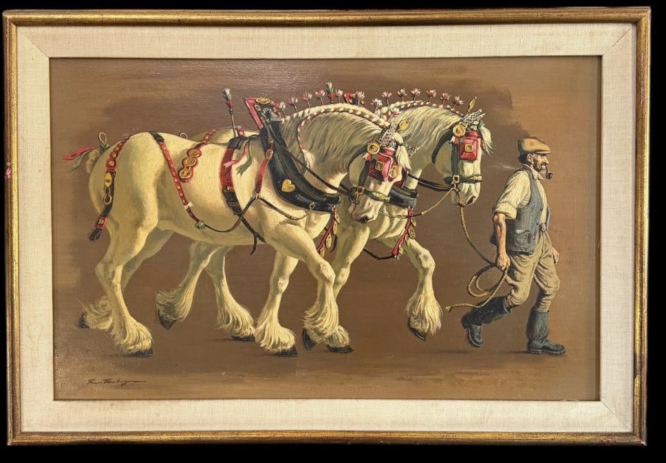 The Plowing Match, Bruce Bomberger: American, 1918-1980..oil on Masonite, signed lower left, sight 12.5 x 20 in., linen liner in gilt frame, titled on verso..surface dust, few light abrasions, liner with discoloration, frame with wear,