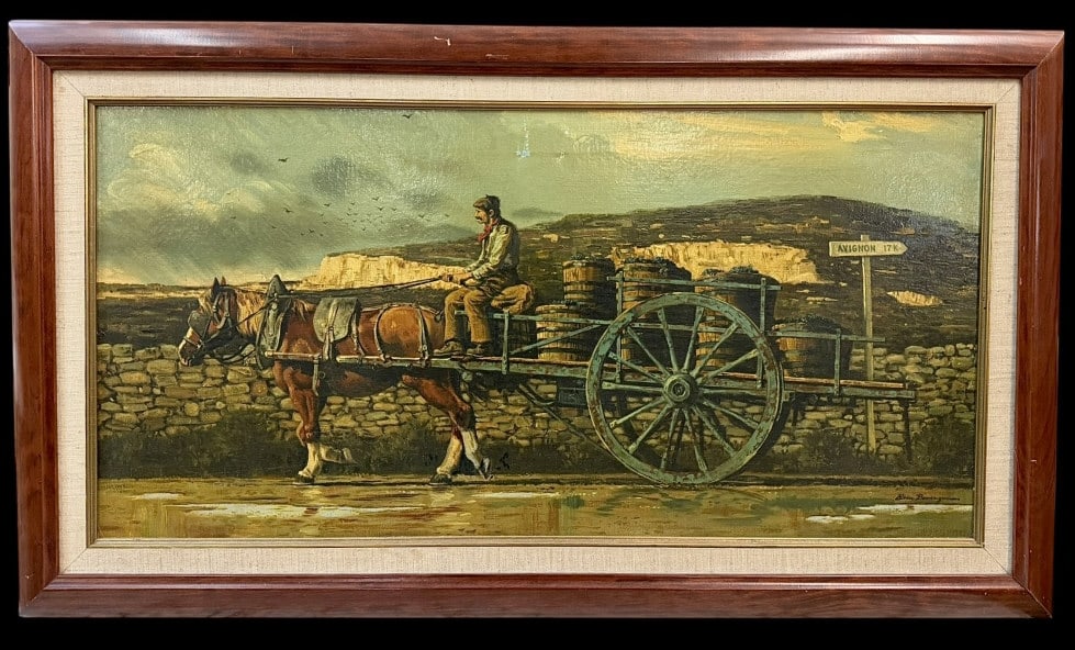 Cart Hauling Grapes Near Avignon, Bruce Bomberger: American, 1918-1980..oil on canvas, signed lower right, sight 14 x 29 in., gilt and linen liner with Cherry finish frame..surface dust, crackle, yellowed varnish, stretcher marks, few abrasions upper