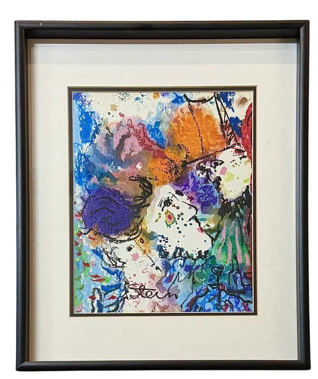 Let The Party Start, Steve Stein: American, b. 1935..oil pastel and acrylic on board, signed lower center, titled on verso, sight 13 x 10 in., double matted and glazed, contemporary black frame..vibrant colors, light scratches to fram