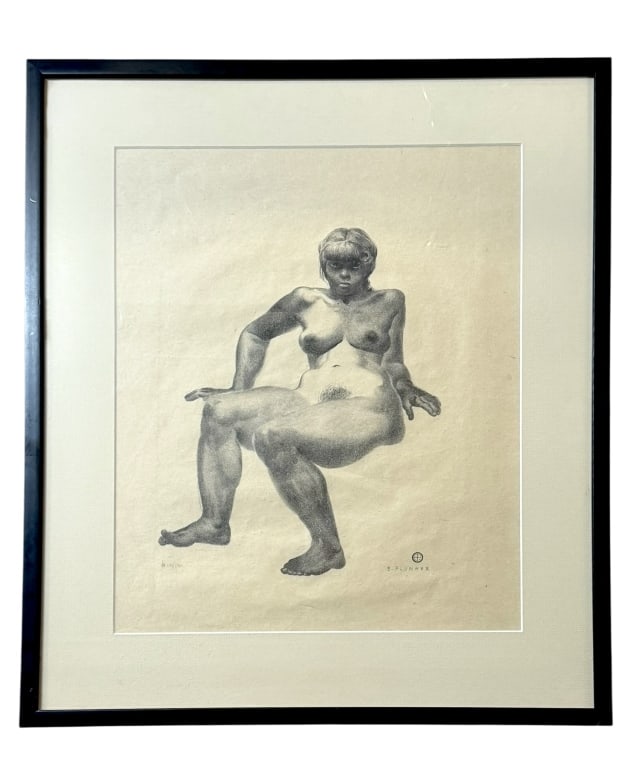 Seated Nude, Elmer Plummer: American, 1910-1986..lithograph on paper, initials in plate, pencil signed lower right and numbered 10/12 lower left, sight 16 x 13 in., matted and glazed, modern black frame..toning to paper but over