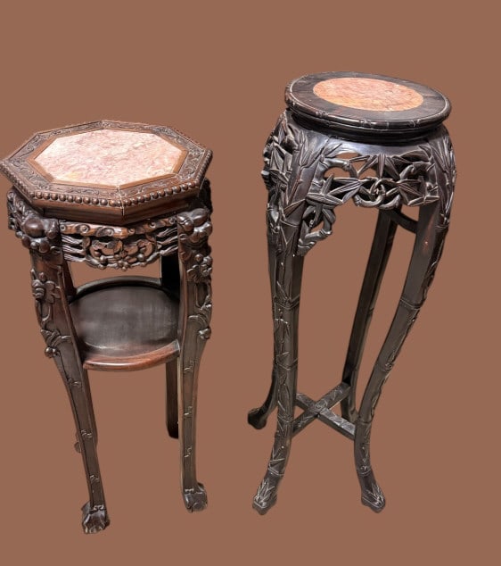 2 of Carved Wooden Pedestals with Marble Tops (1 of 4)
