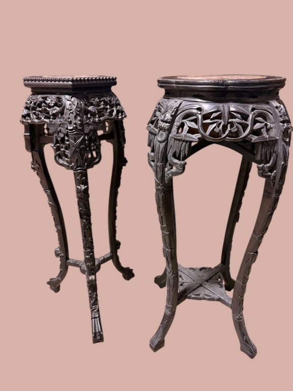 Two Carved Wooden Pedestals W Marble Inserts (1 of 4)