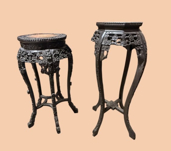 Two Carved Wooden Pedestal Stands W Marble Inset (1 of 4)