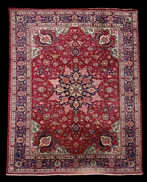 Semi Antique Tabriz Area Rug: 106 x 77 inches, hand knotted, garnet ground with central medallion, cream and navy birders, signed..surface debris, fringe wear and loss, dye bleed, fading/discoloration
