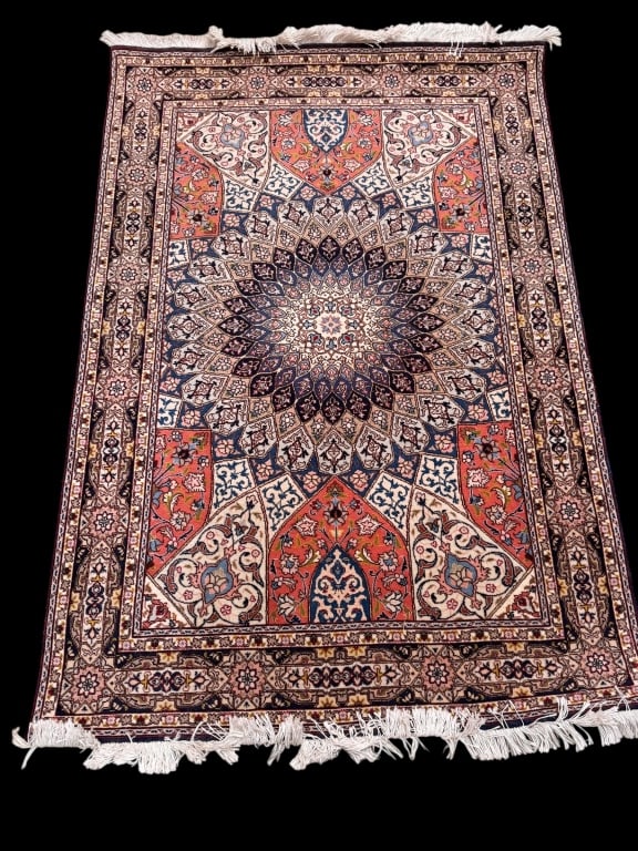 Vintage Tabriz Style Medallion Wool Area Rug: Handwoven wool area rug featuring a central medallion with radiating floral motifs and a multi-border design in navy, ivory, rust, and blush tones. Finished with fringed ends, 62 x 40