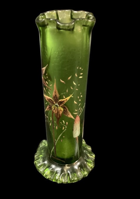 Emile Galle Sabot de Venus Vase: Hand Painted trumpet shaped vase, 6.5 inches tall with gilded decoration of orchids and mushrooms, produced in France about 1892. Signed to base