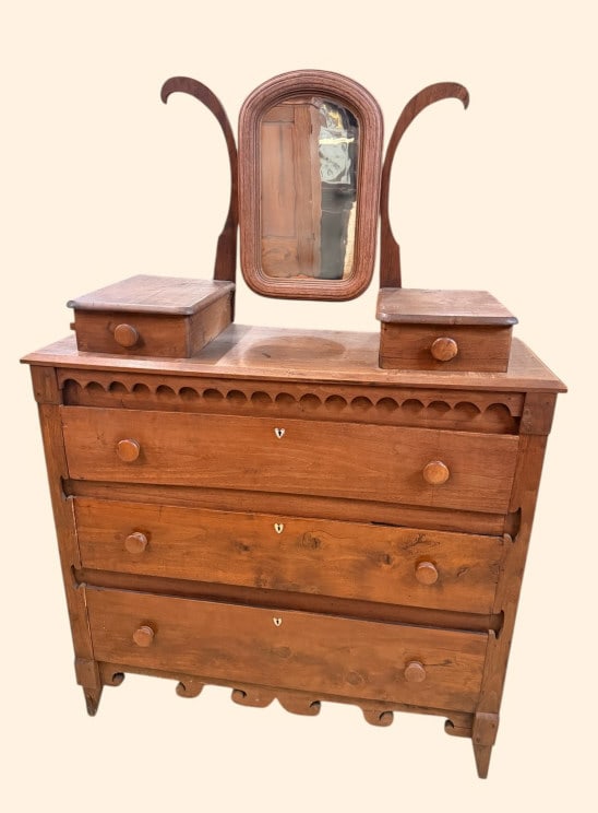 Folk Art Walnut Dresser: Early 20th C, lots of interesting folk art carving, heart pine secondary, glove drawers, paneled ends, scalloped skirt, missing carved fans on left side, 63 tall x 44 wide x 17 deep