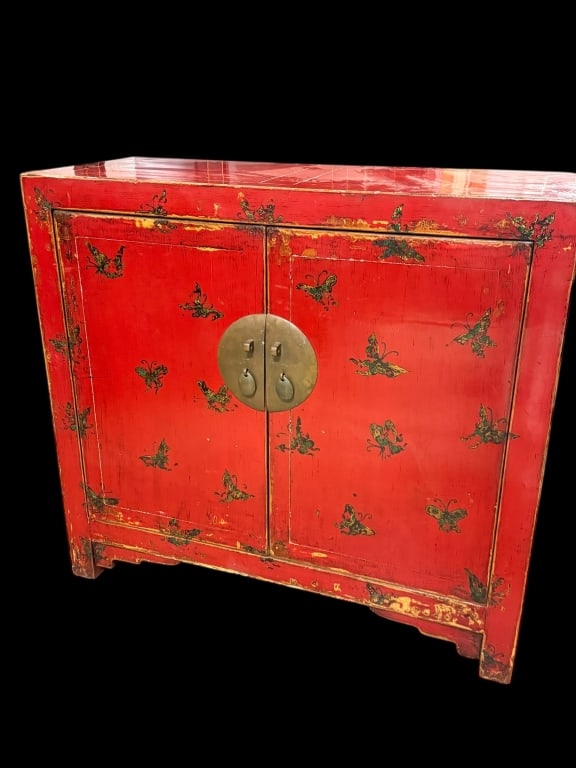 Chinese Red Lacquer Cabinet with Butterfly Motif (1 of 5)