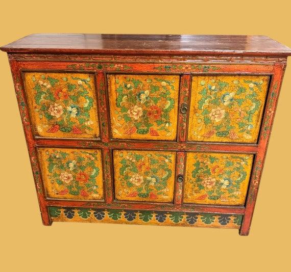 Tibetan Painted Floral Cabinet with Paneled Doors (1 of 4)
