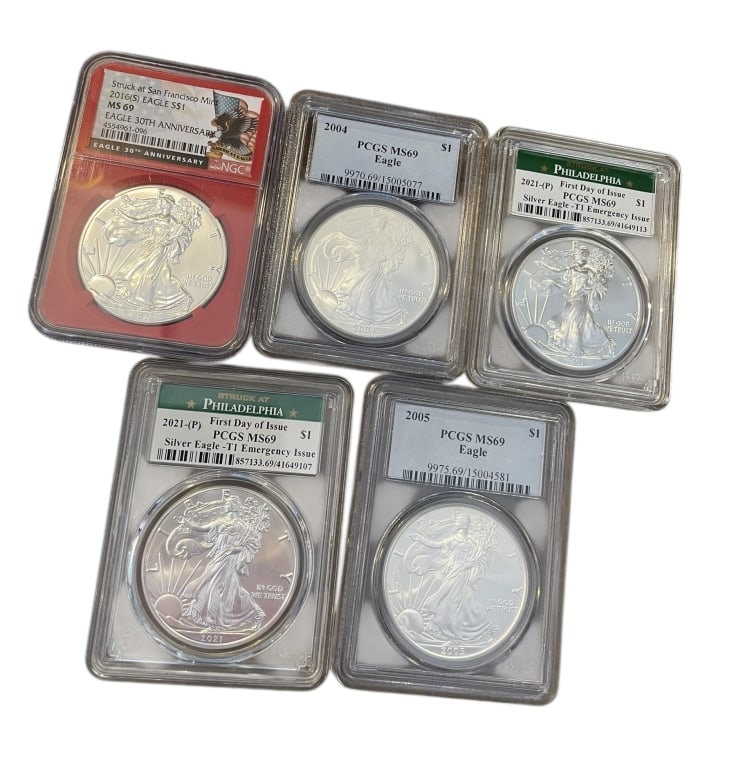 Five Uncirculated American Silver Eagle $1 Coins (1 of 2)