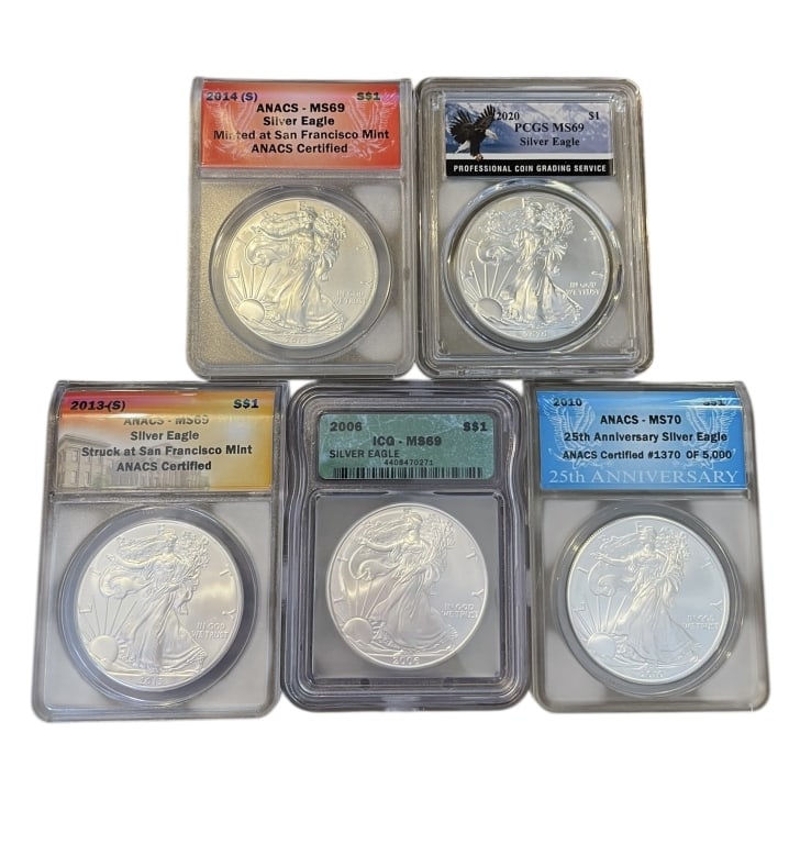 Five Uncirculated American Silver Eagle $1 Coins (1 of 2)
