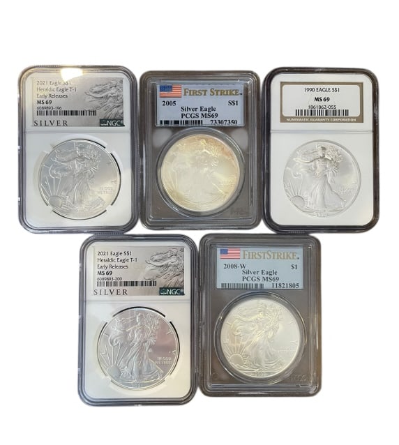 Five Uncirculated American Silver Eagle $1 Coins (1 of 2)